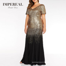 V Neckline Short Sleeve Maxi Black And Gold Prom Sequin Dress Plus Size For Special Occasion